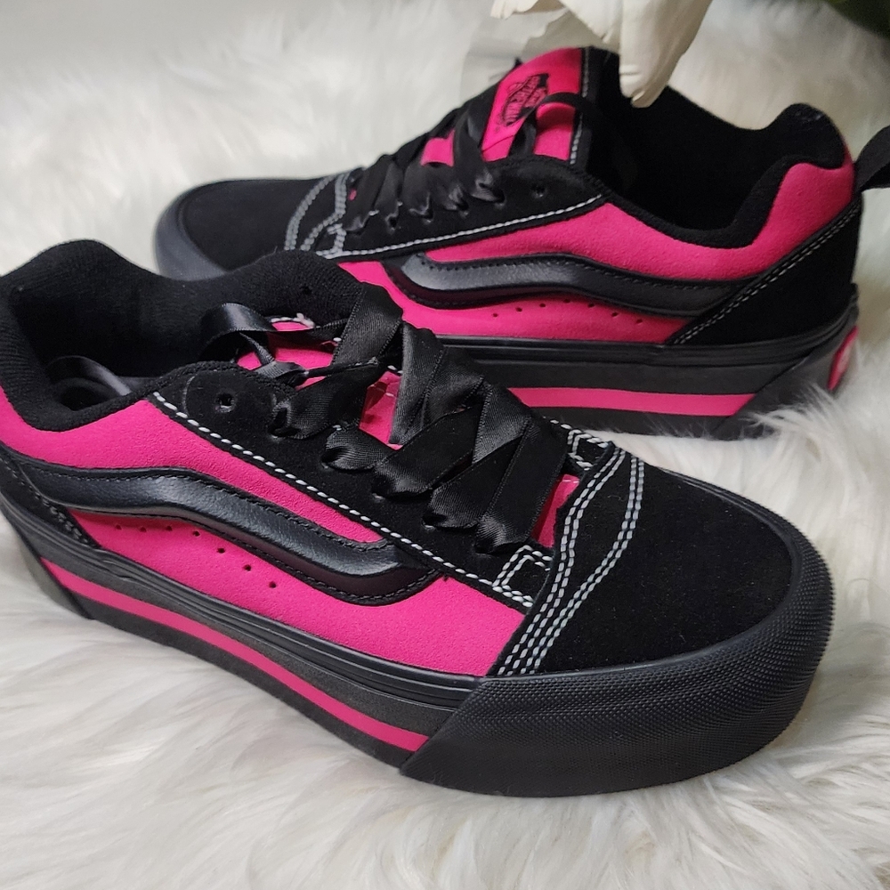 VANS Knu Skate Platform Stacked Skateboarding Sneakers Black/Hot-Pink/Satin New - Picture 4 of 11